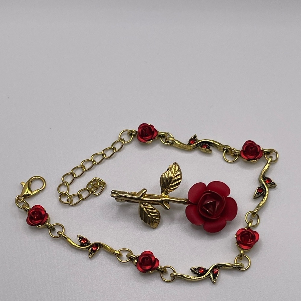 “Tale as Old as Time” Gold and Red Rose Brooch and Bracelet Costume Bundle